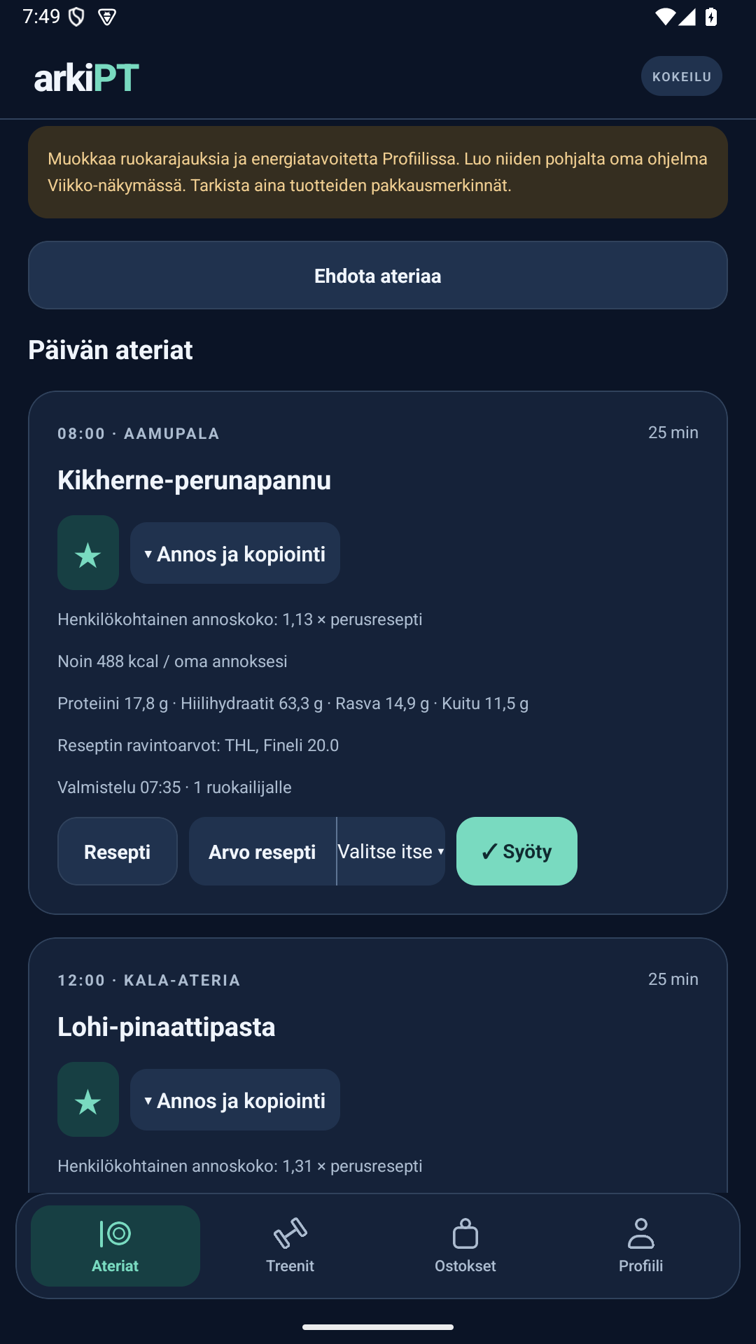 ArkiPT:n Ateriat-näkymä: päivän ateriat, annoskoko, energia ja makrot