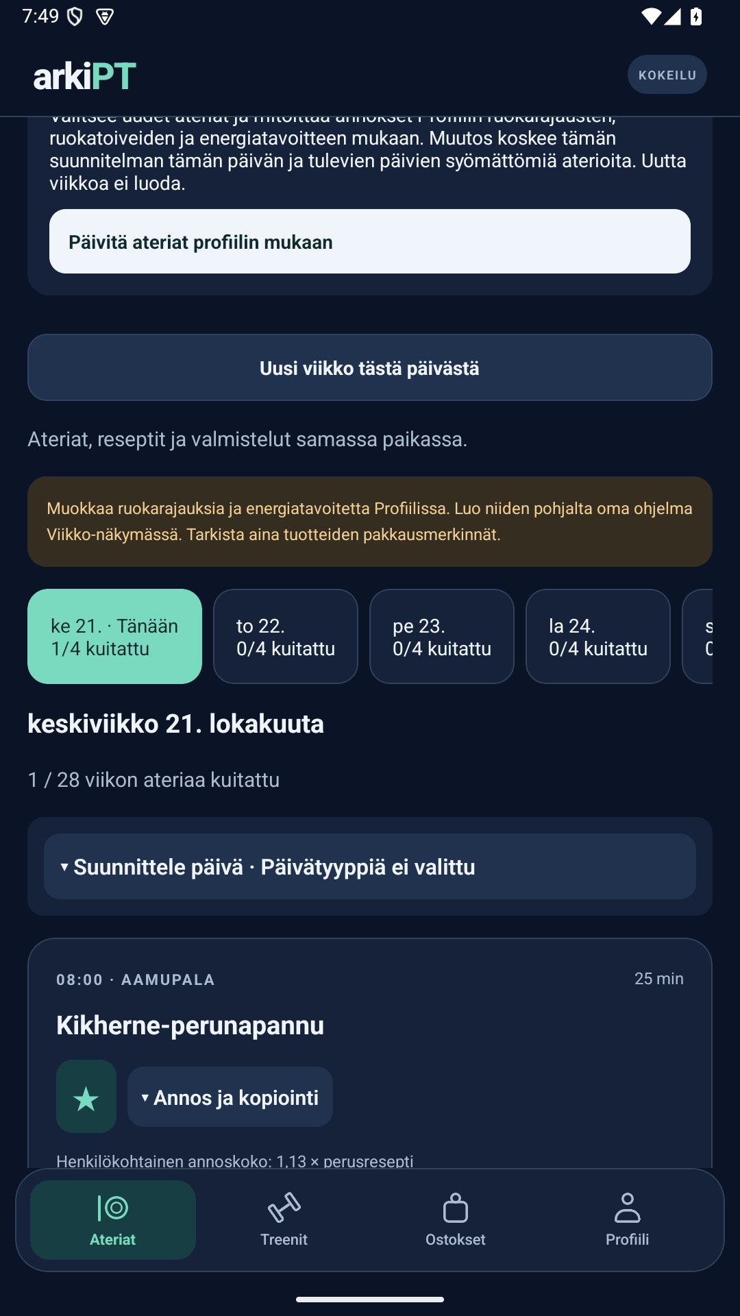 Viikkonäkymä, jossa suunnitellaan ateriapäivät