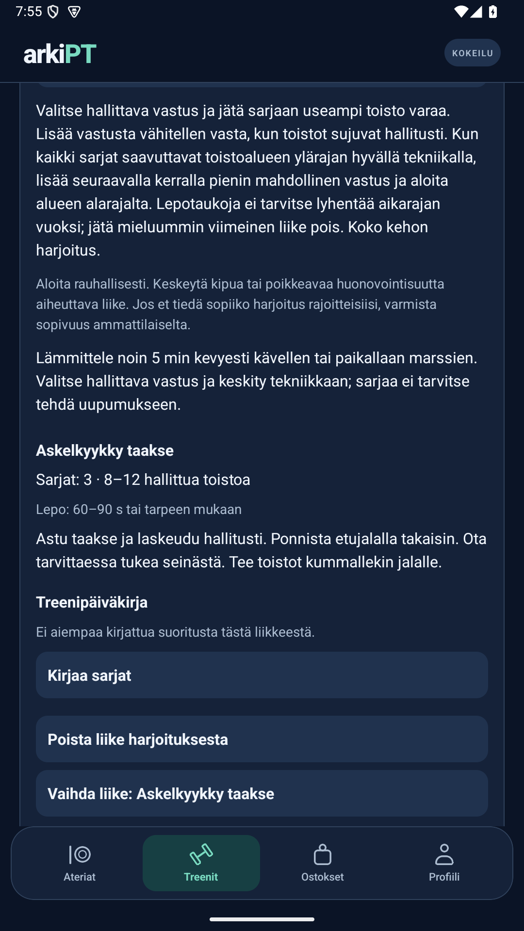 Treenin liikkeet ja sarjojen kirjaaminen